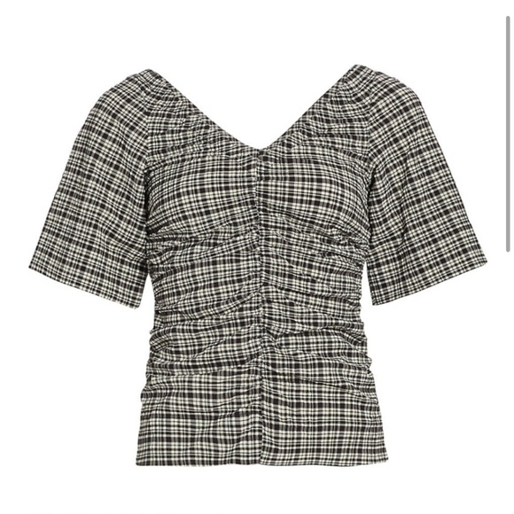 Ganni Seersucker V-neck Blouse Black Mini Check size 4 - Picture 1 of 7
